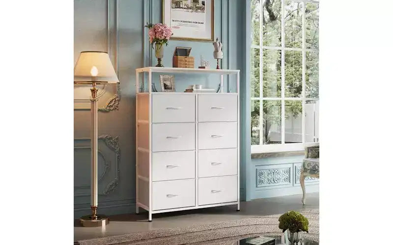 Commode en tissu pour chambre à coucher avec étagères ouvertes, tour de rangement à 8 tiroirs avec bacs en tissu, blanc