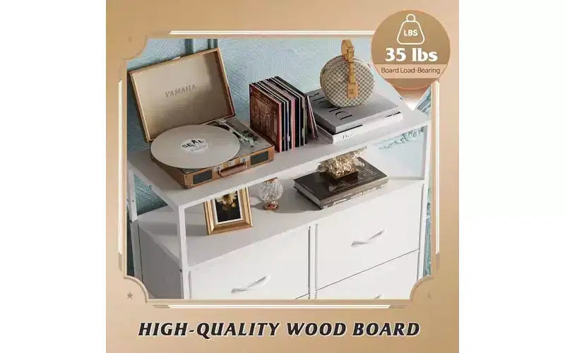 Commode en tissu pour chambre à coucher avec étagères ouvertes, tour de rangement à 8 tiroirs avec bacs en tissu, blanc