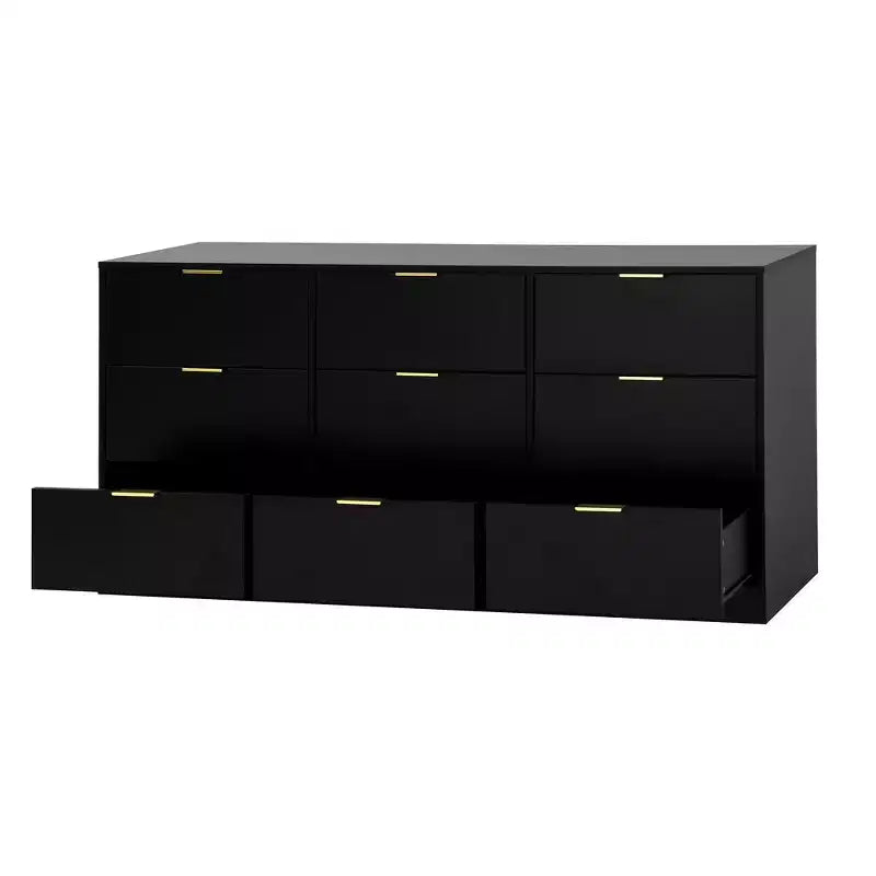 Commode à 9 tiroirs, grande commode en bois de 160 cm de profondeur avec poignées dorées