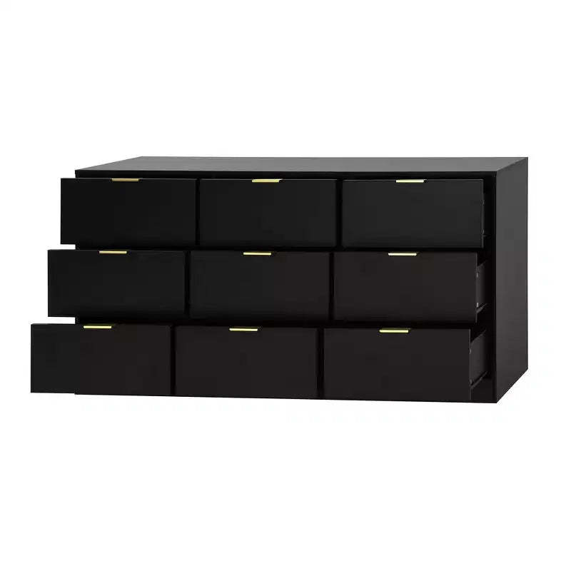 Commode à 9 tiroirs, grande commode en bois de 160 cm de profondeur avec poignées dorées