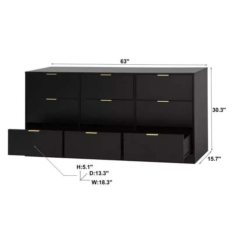 Commode à 9 tiroirs, grande commode en bois de 160 cm de profondeur avec poignées dorées