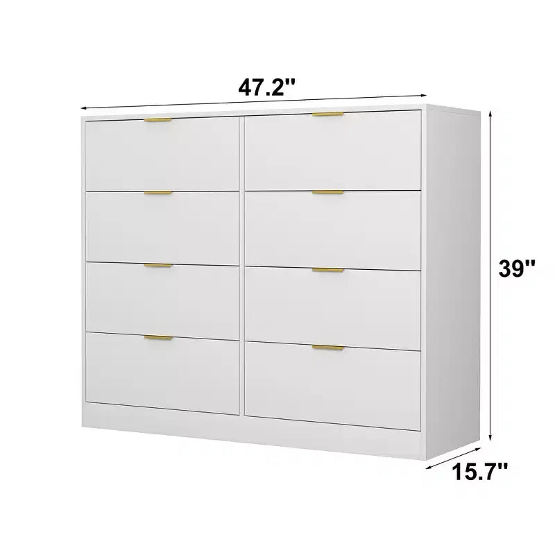 Commode à 9 tiroirs, grande commode en bois de 160 cm de profondeur avec poignées dorées