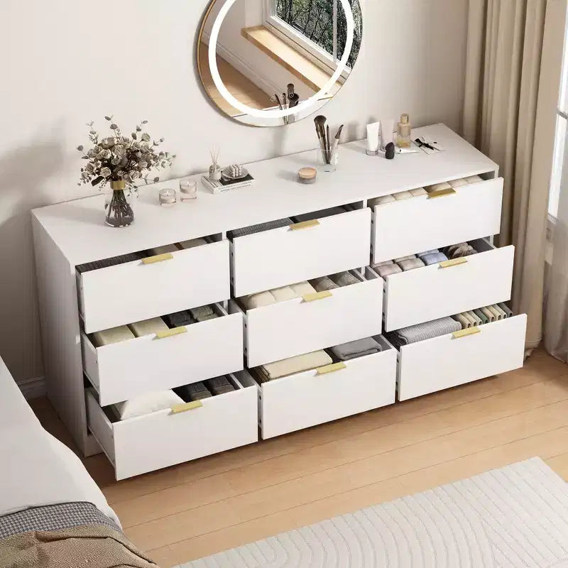 Commode à 9 tiroirs, grande commode en bois de 160 cm de profondeur avec poignées dorées