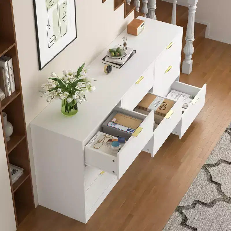 Commode à 9 tiroirs, grande commode en bois de 160 cm de profondeur avec poignées dorées