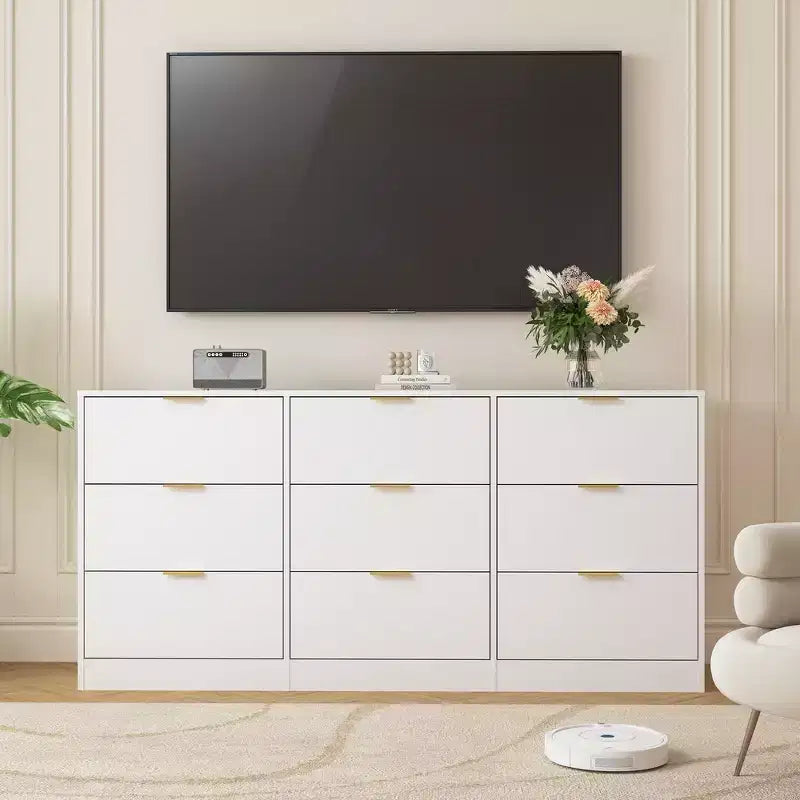 Commode à 9 tiroirs, grande commode en bois de 160 cm de profondeur avec poignées dorées