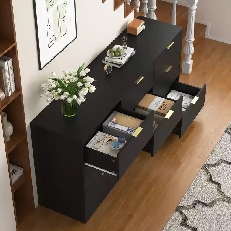 Commode à 9 tiroirs, grande commode en bois de 160 cm de profondeur avec poignées dorées
