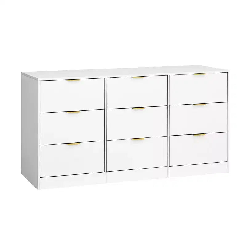 Commode à 9 tiroirs, grande commode en bois de 160 cm de profondeur avec poignées dorées