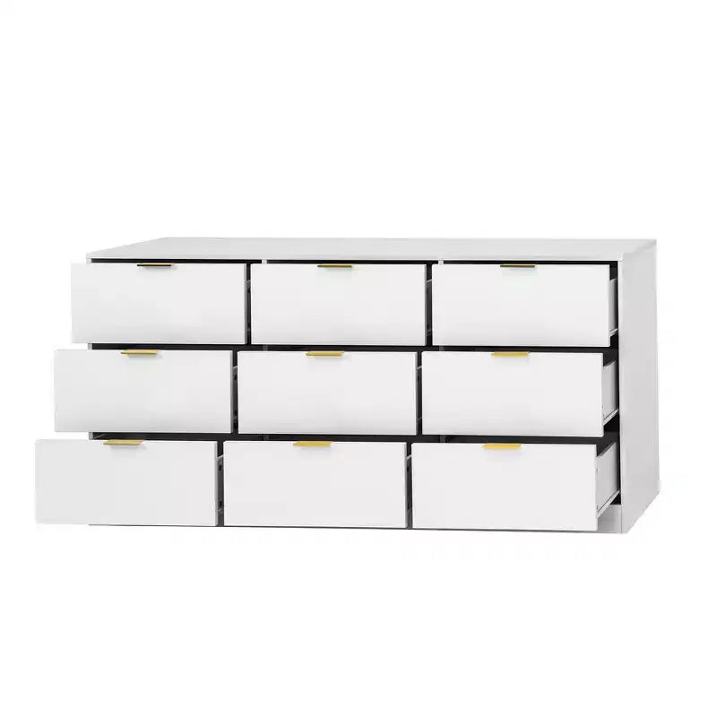Commode à 9 tiroirs, grande commode en bois de 160 cm de profondeur avec poignées dorées