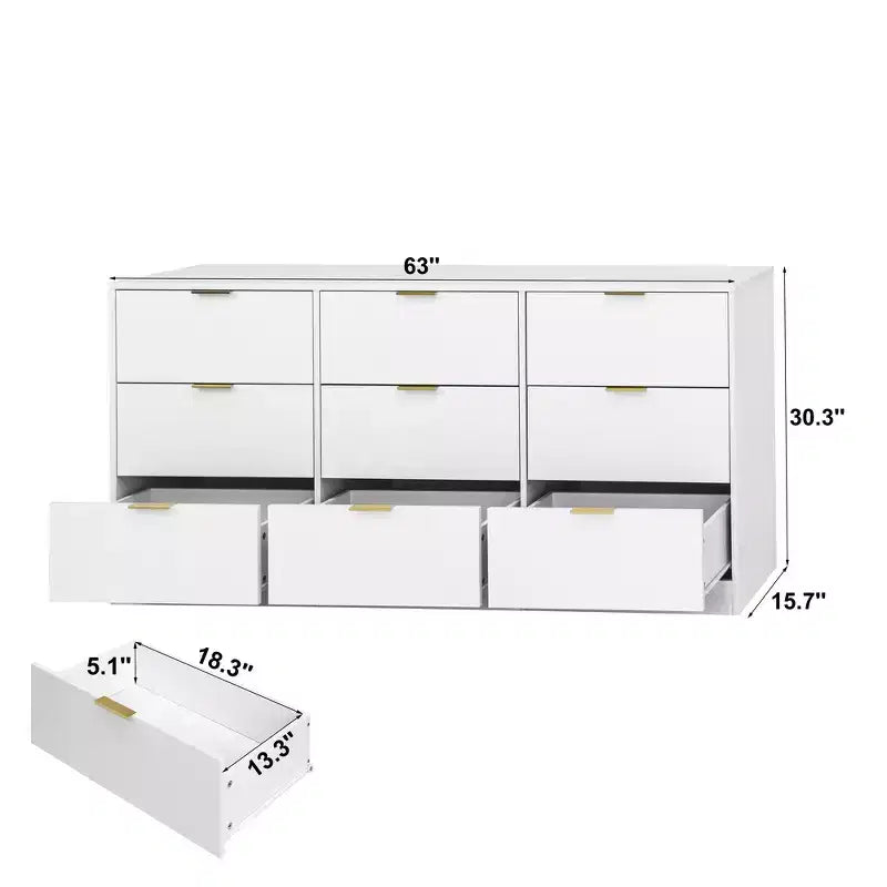 Commode à 9 tiroirs, grande commode en bois de 160 cm de profondeur avec poignées dorées