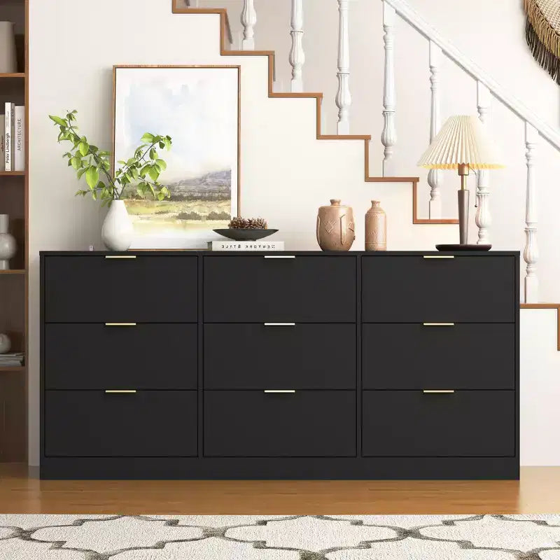Commode à 9 tiroirs, grande commode en bois de 160 cm de profondeur avec poignées dorées