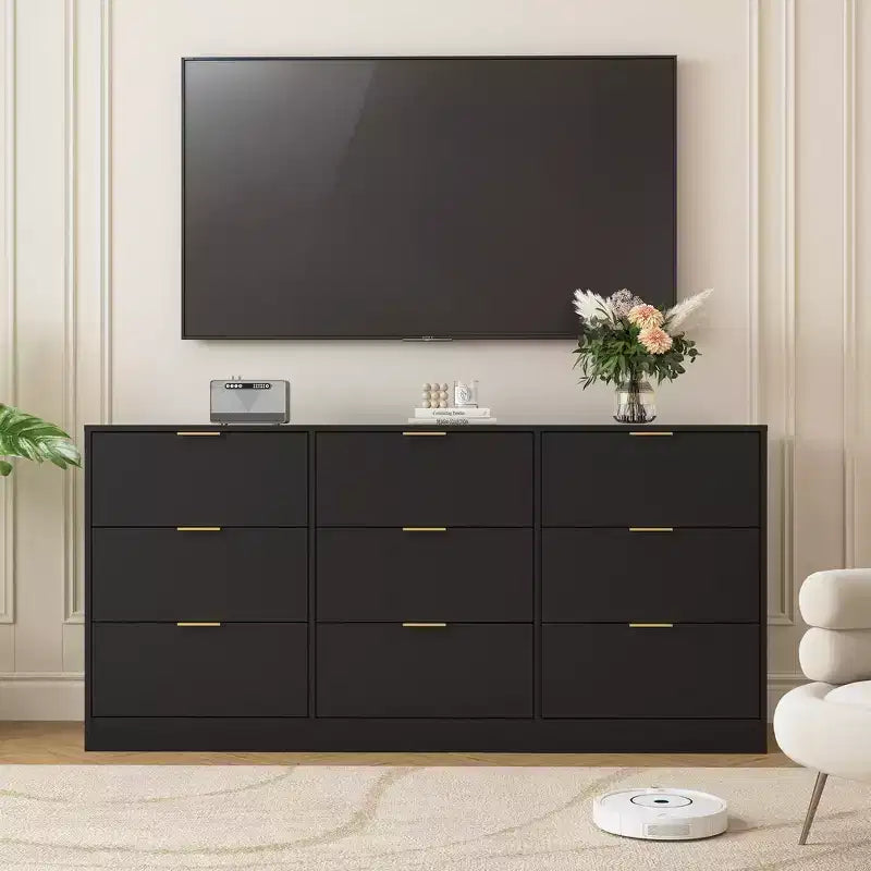 Commode à 9 tiroirs, grande commode en bois de 160 cm de profondeur avec poignées dorées