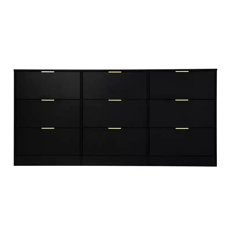 Commode à 9 tiroirs, grande commode en bois de 160 cm de profondeur avec poignées dorées