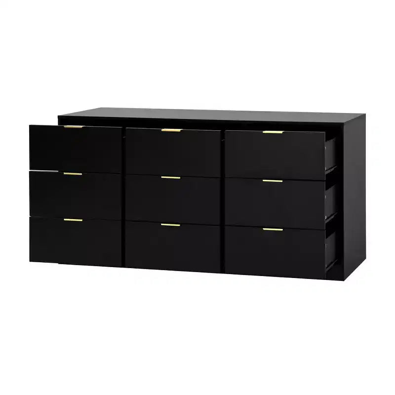 Commode à 9 tiroirs, grande commode en bois de 160 cm de profondeur avec poignées dorées