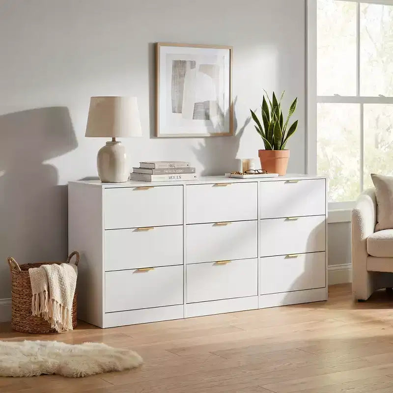 Commode à 9 tiroirs, grande commode en bois de 160 cm de profondeur avec poignées dorées