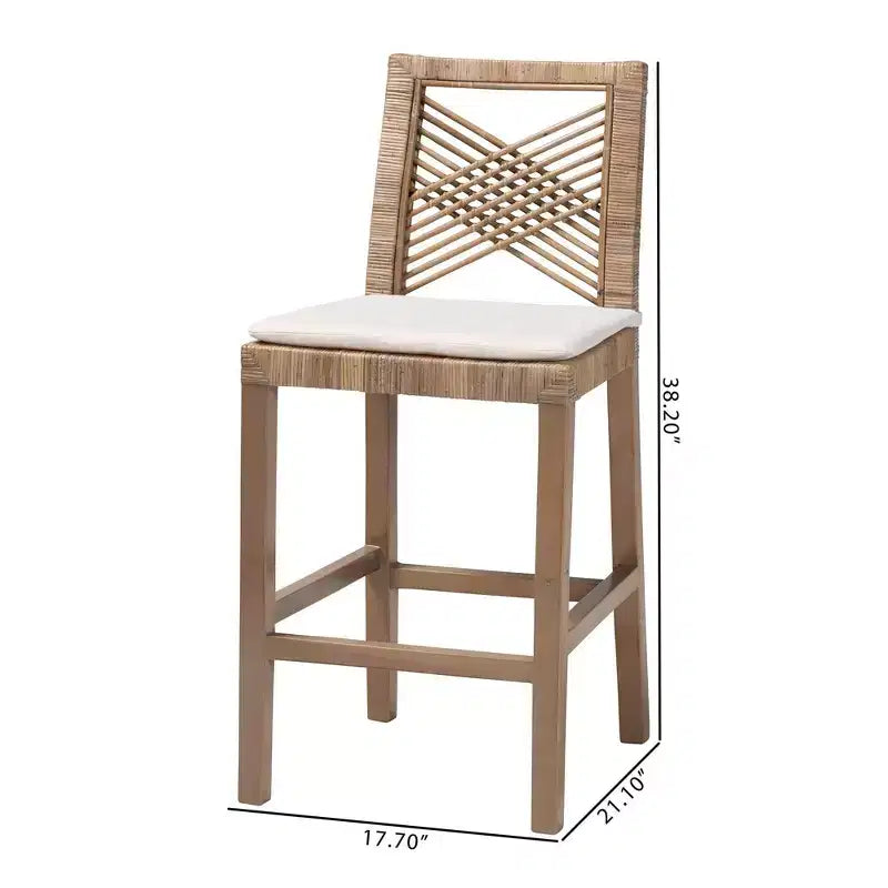 Tabouret de bar hauteur comptoir en rotin naturel et bois d'acajou Kubu gris/taupe rustique