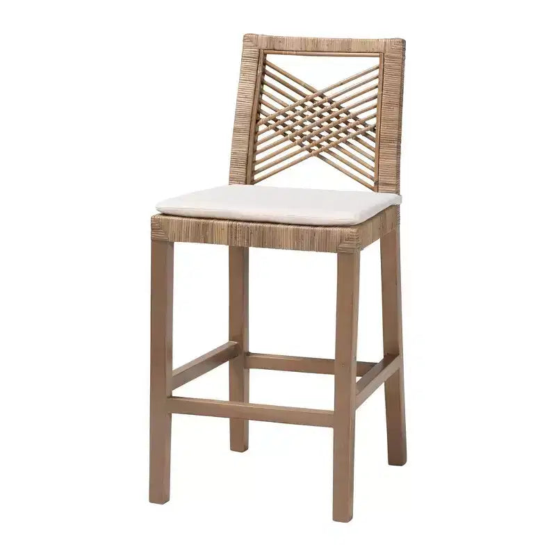 Tabouret de bar hauteur comptoir en rotin naturel et bois d'acajou Kubu gris/taupe rustique
