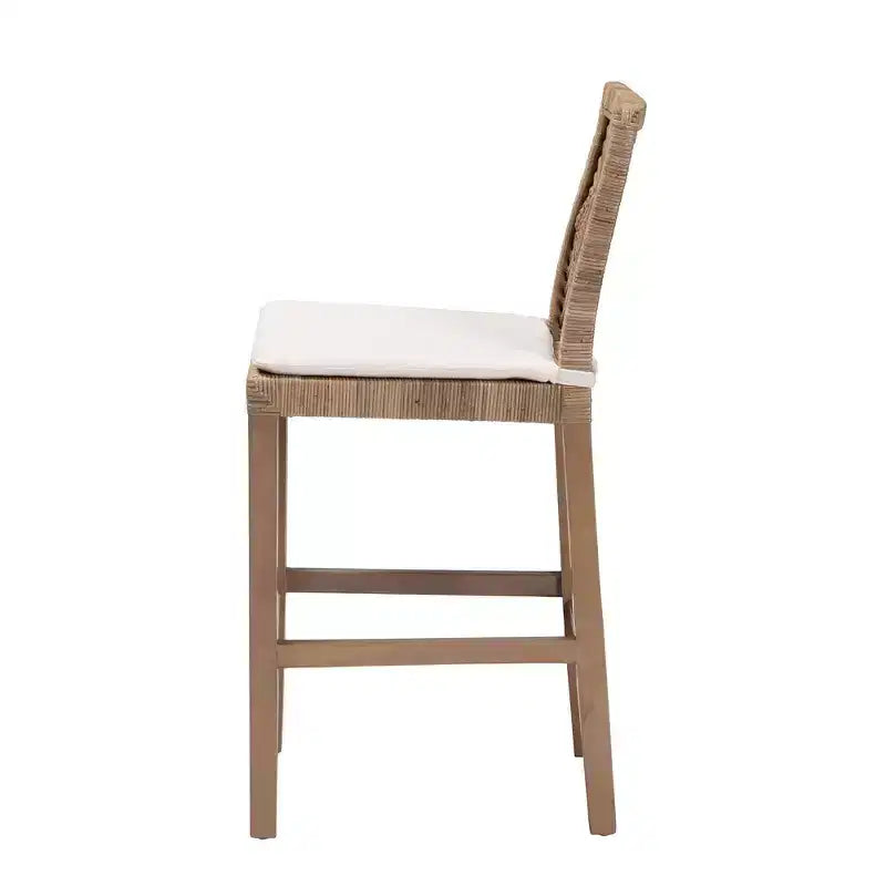 Tabouret de bar hauteur comptoir en rotin naturel et bois d'acajou Kubu gris/taupe rustique
