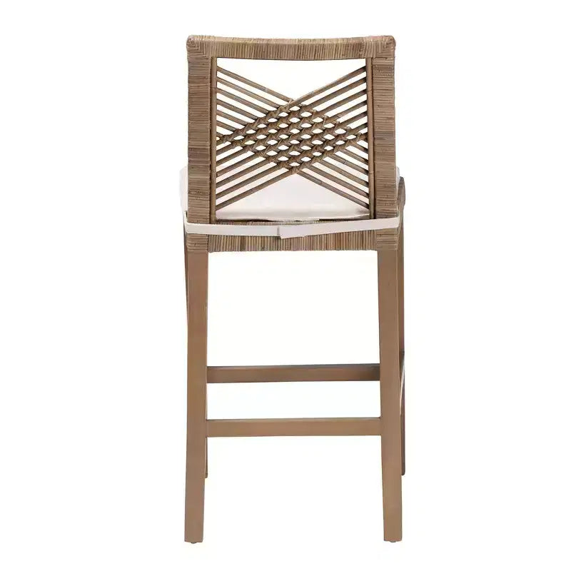 Tabouret de bar hauteur comptoir en rotin naturel et bois d'acajou Kubu gris/taupe rustique