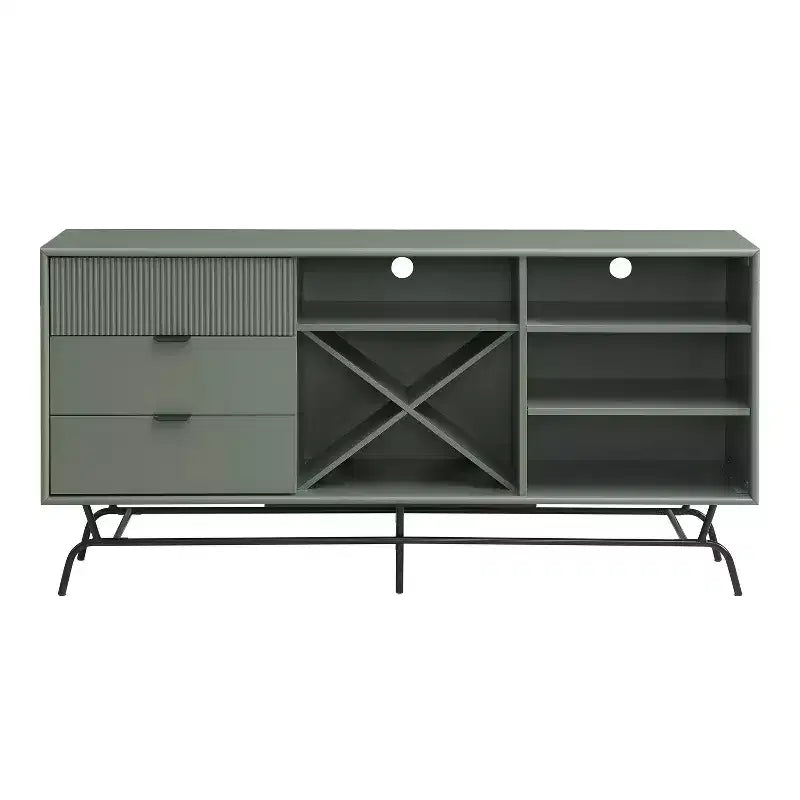 Buffet moderne 60 po avec armoire à vin vert sauge : rangement autoportant, 4 étagères, 3 tiroirs
