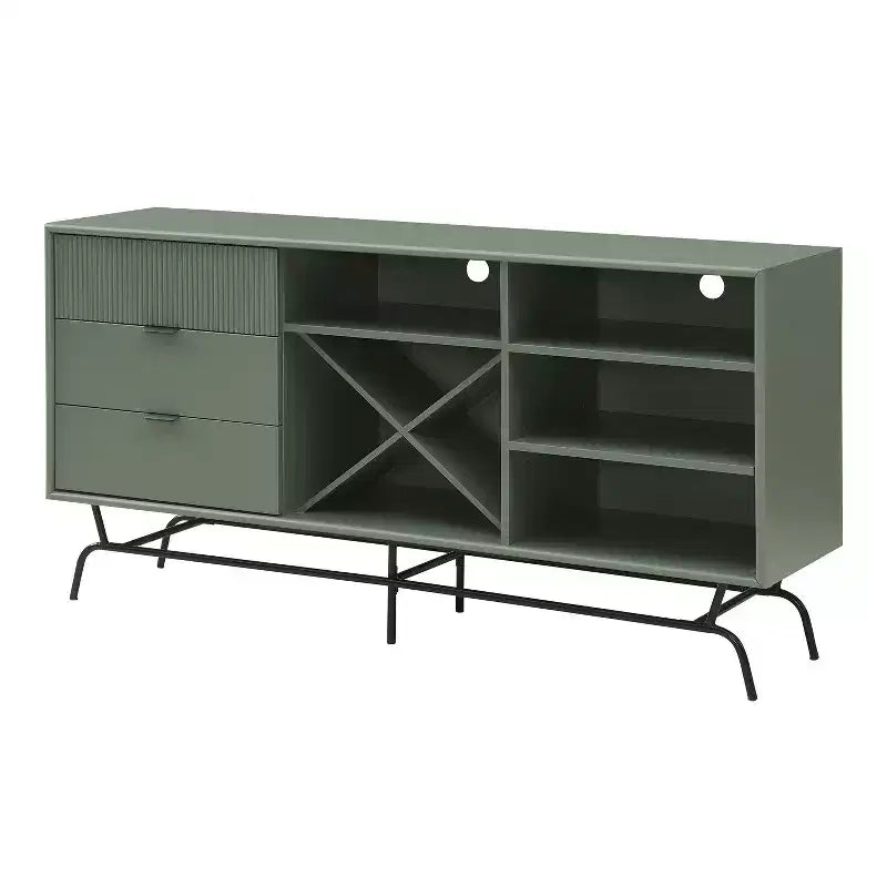 Buffet moderne 60 po avec armoire à vin vert sauge : rangement autoportant, 4 étagères, 3 tiroirs