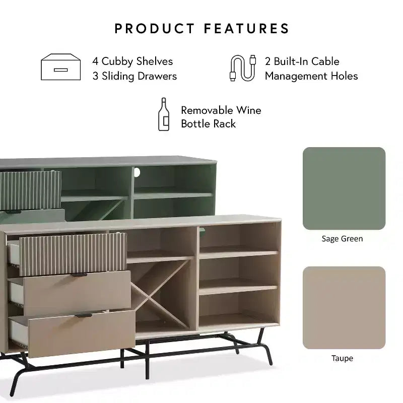 Buffet moderne 60 po avec armoire à vin vert sauge : rangement autoportant, 4 étagères, 3 tiroirs