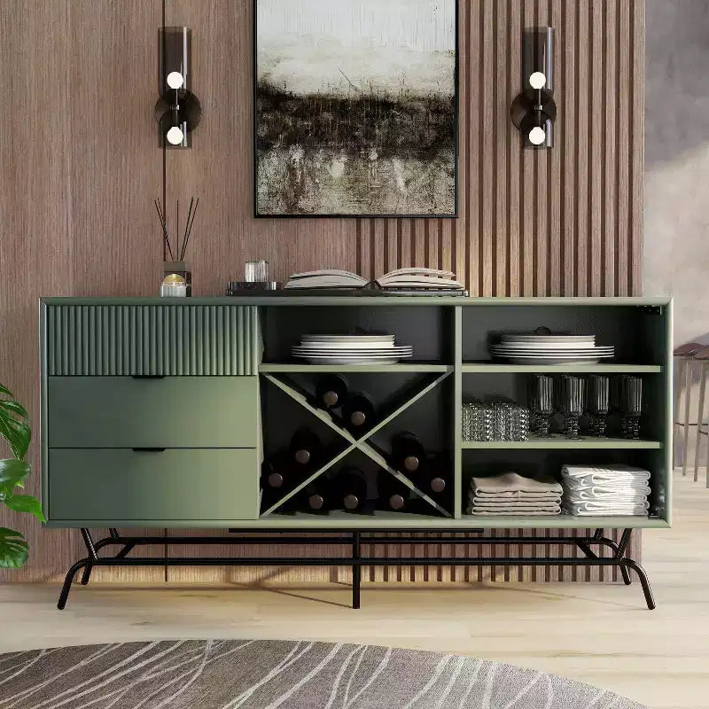 Buffet moderne 60 po avec armoire à vin vert sauge : rangement autoportant, 4 étagères, 3 tiroirs