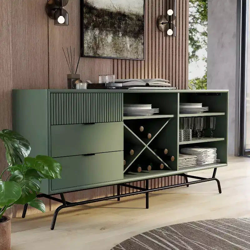 Buffet moderne 60 po avec armoire à vin vert sauge : rangement autoportant, 4 étagères, 3 tiroirs