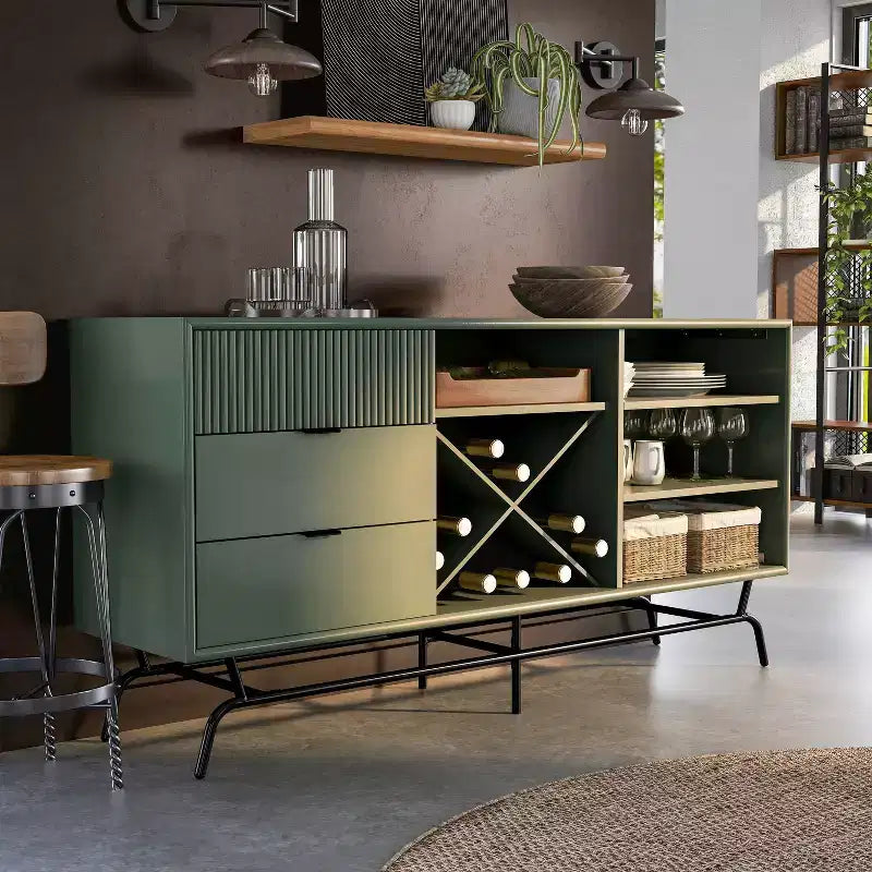 Buffet moderne 60 po avec armoire à vin vert sauge : rangement autoportant, 4 étagères, 3 tiroirs