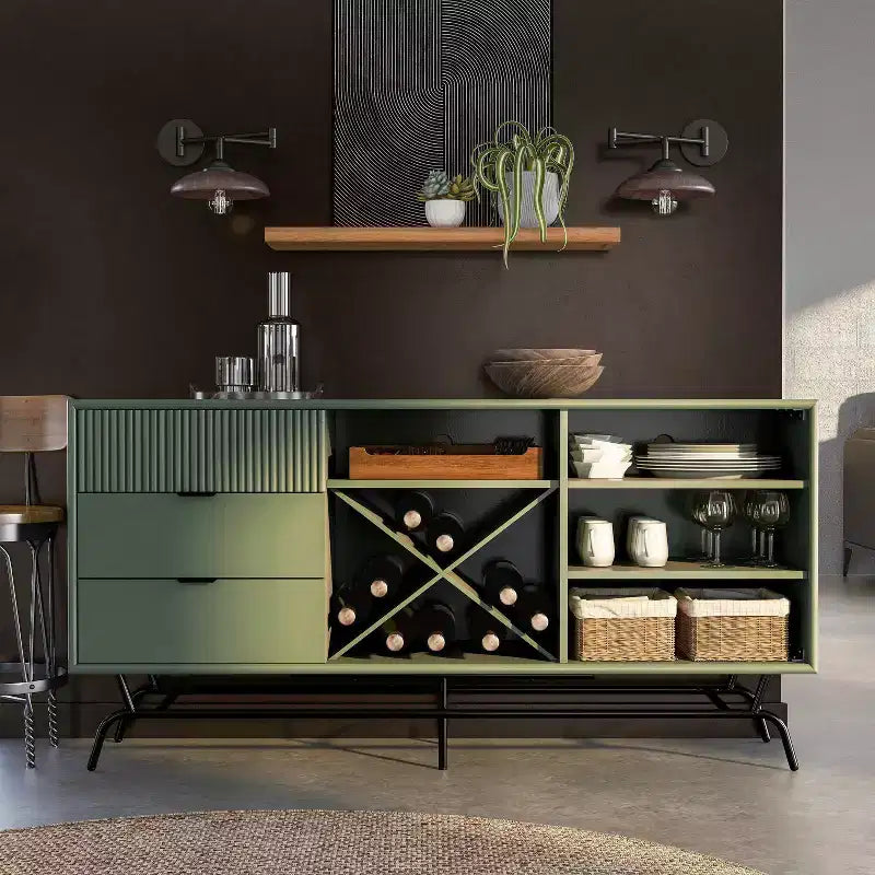 Buffet moderne 60 po avec armoire à vin vert sauge : rangement autoportant, 4 étagères, 3 tiroirs