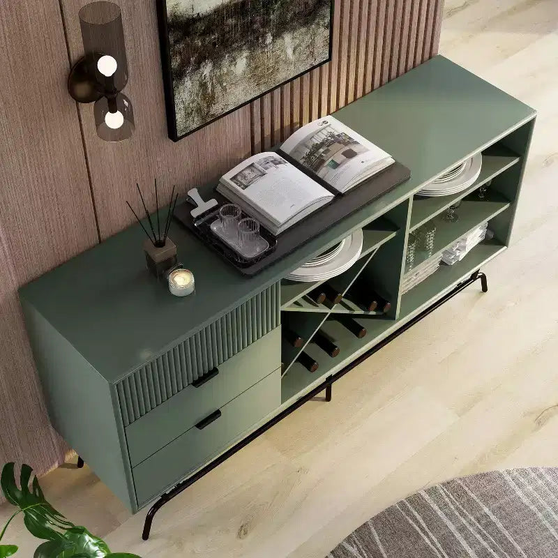 Buffet moderne 60 po avec armoire à vin vert sauge : rangement autoportant, 4 étagères, 3 tiroirs
