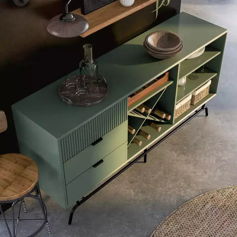 Buffet moderne 60 po avec armoire à vin vert sauge : rangement autoportant, 4 étagères, 3 tiroirs