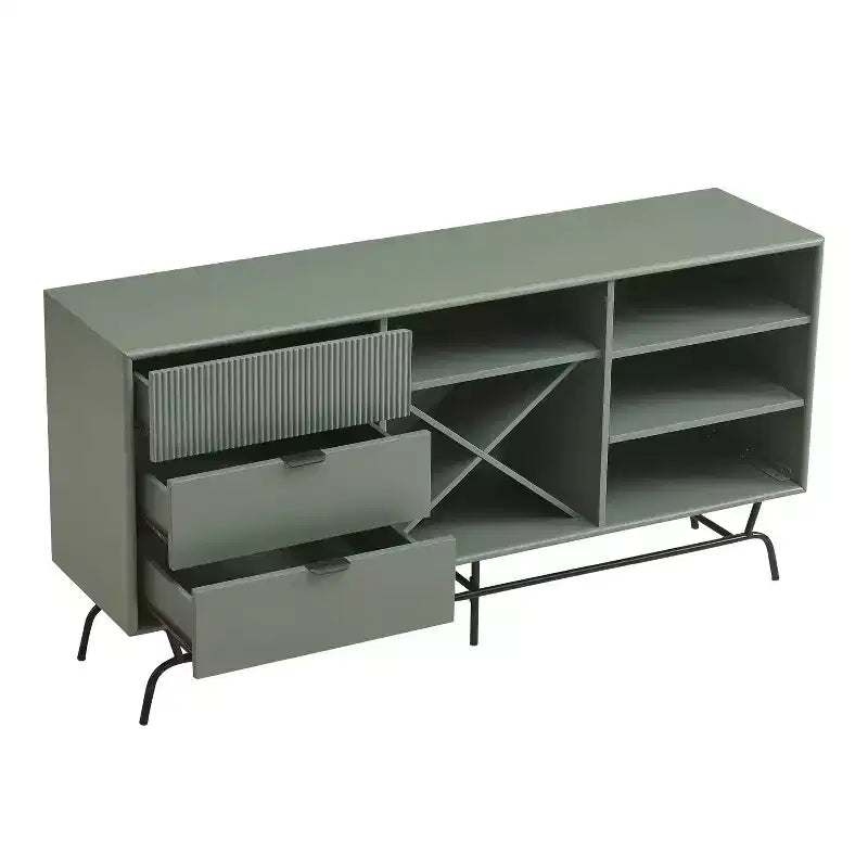 Buffet moderne 60 po avec armoire à vin vert sauge : rangement autoportant, 4 étagères, 3 tiroirs