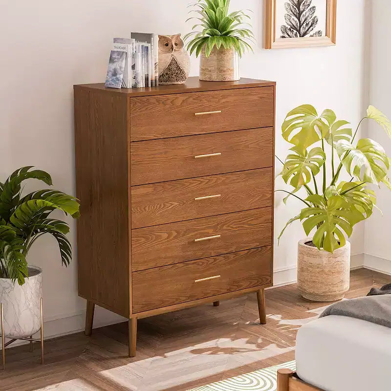 HOMES: Inside + Out Riverstone Mid-Century Modern 5 Drawer Chest with Anti Tip Interlock System Walnut