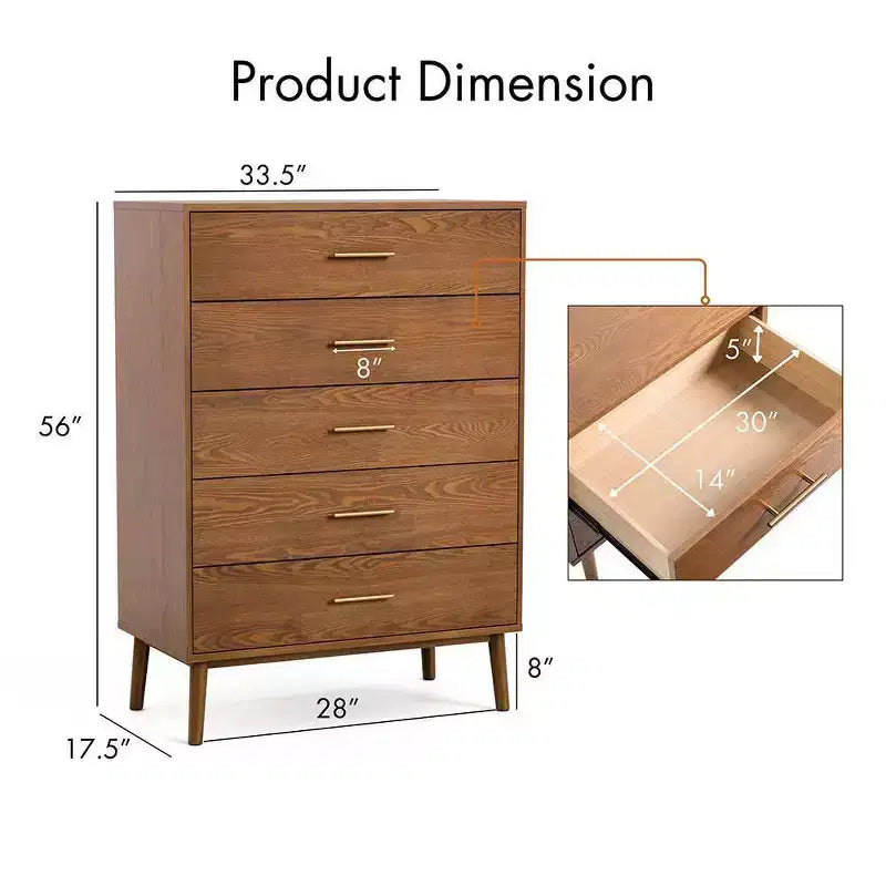Commode Mid-Century Moderne à 5 tiroirs avec système anti-basculement, Noyer