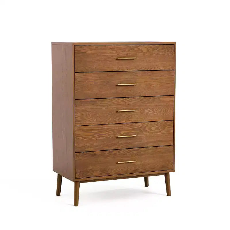 Commode Mid-Century Moderne à 5 tiroirs avec système anti-basculement, Noyer
