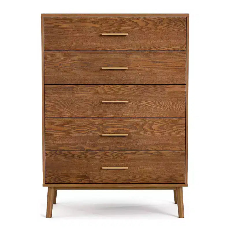Commode Mid-Century Moderne à 5 tiroirs avec système anti-basculement, Noyer