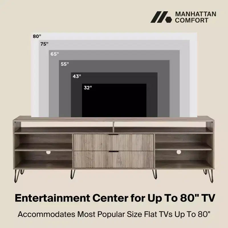 Meuble TV moderne du milieu du siècle de 85 po pour téléviseurs de jusqu'à 80 po - Gris rustique