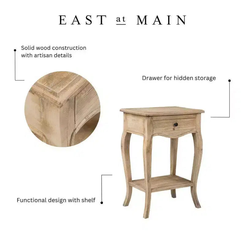 Table d'appoint 28" en bois de manguier avec tiroir – Fini brun naturel, 25,98"H x 17,7"P
