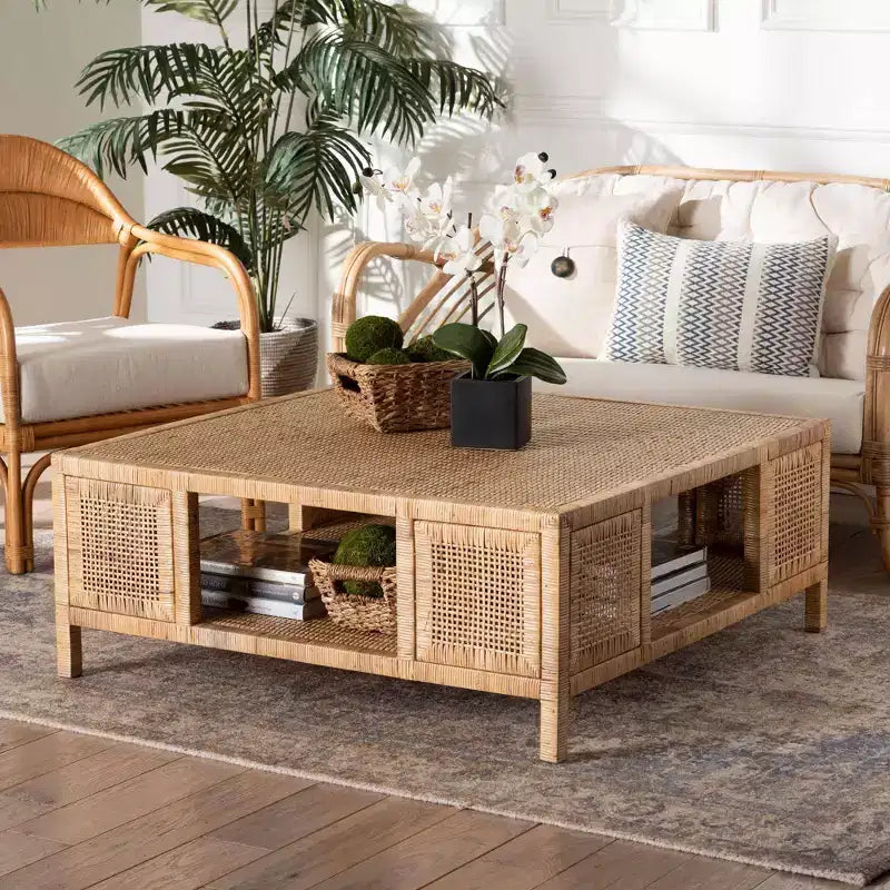 Table basse carrée en rotin et bois d'acajou, miel clair