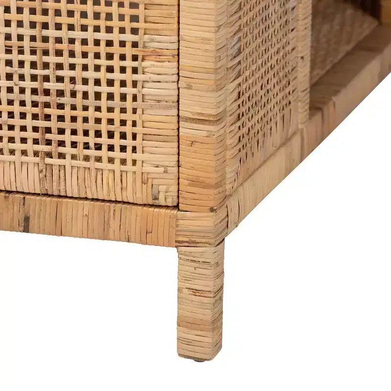 Table basse carrée en rotin et bois d'acajou, miel clair