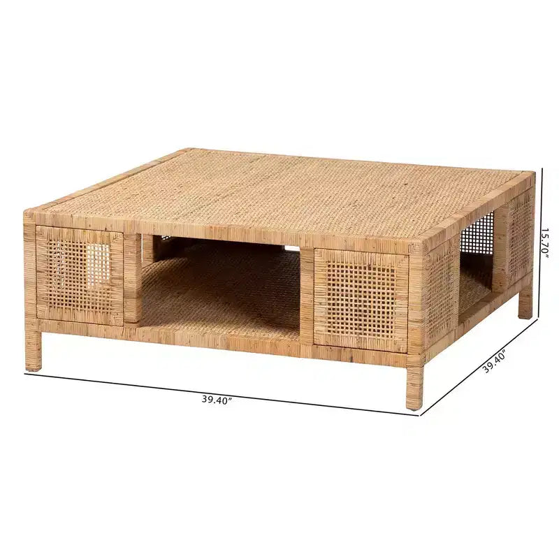 Table basse carrée en rotin et bois d'acajou, miel clair