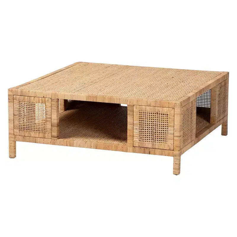 Table basse carrée en rotin et bois d'acajou, miel clair