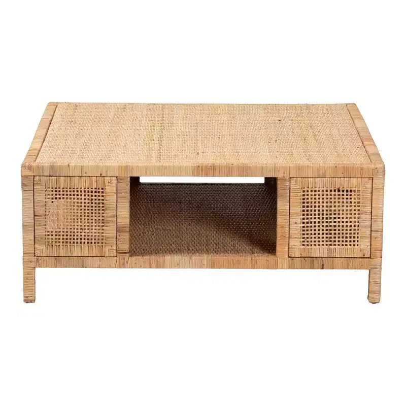 Table basse carrée en rotin et bois d'acajou, miel clair