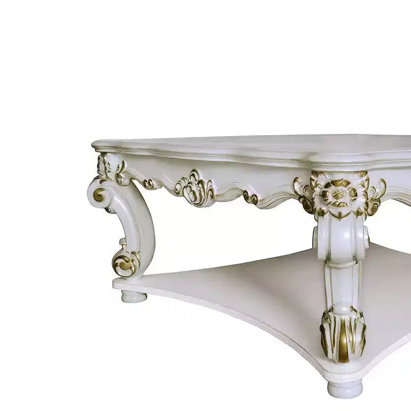 Table basse carrée "Antique Pearl" de 50" avec pieds sculptés et étagère ouverte