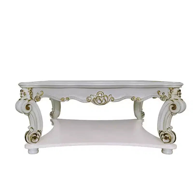 Table basse carrée "Antique Pearl" de 50" avec pieds sculptés et étagère ouverte