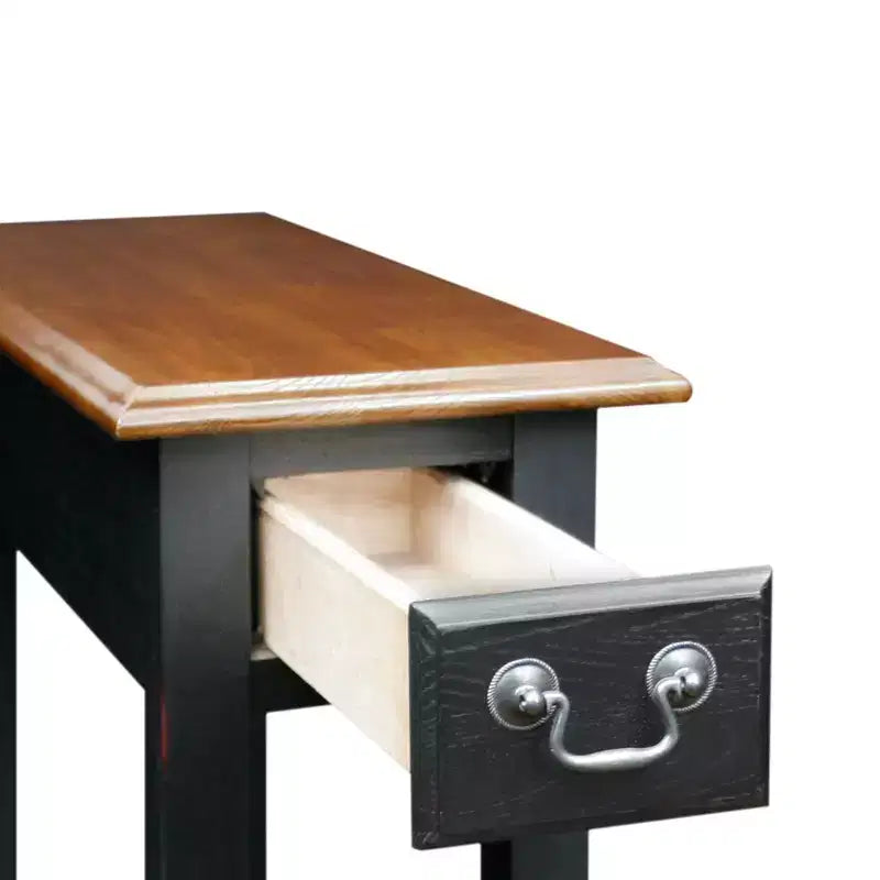 Table d'appoint étroite en bois massif avec tiroir et étagère | Plateau en chêne, piètement noir