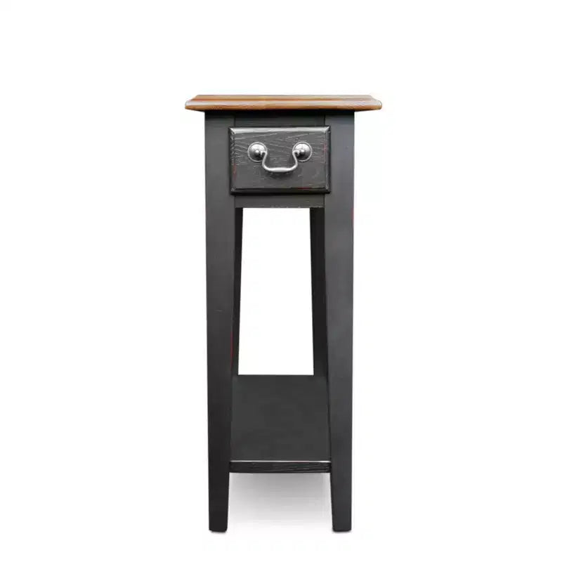 Table d'appoint étroite en bois massif avec tiroir et étagère | Plateau en chêne, piètement noir