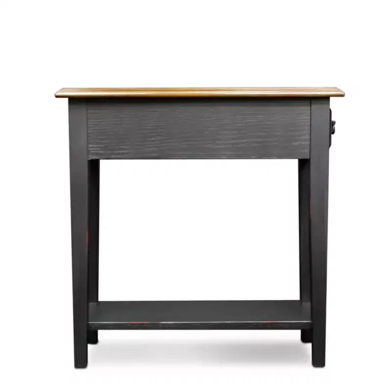 Table d'appoint étroite en bois massif avec tiroir et étagère | Plateau en chêne, piètement noir