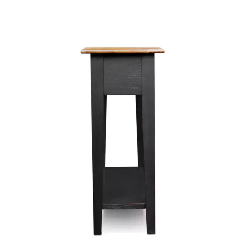 Table d'appoint étroite en bois massif avec tiroir et étagère | Plateau en chêne, piètement noir