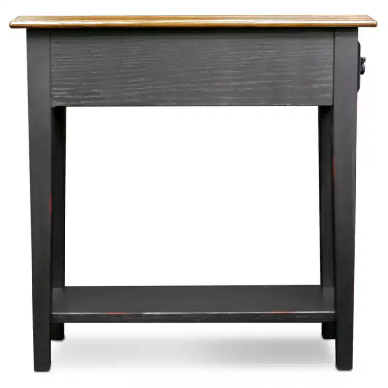 Table d'appoint étroite en bois massif avec tiroir et étagère | Plateau en chêne, piètement noir